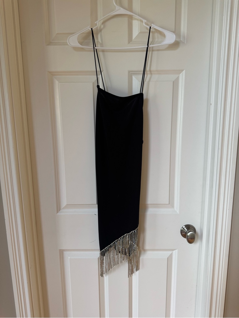 Black Slip Dress with Fringe Chain Hem